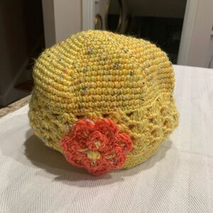 Yellow Knitted Kids Hat with Orange Flower